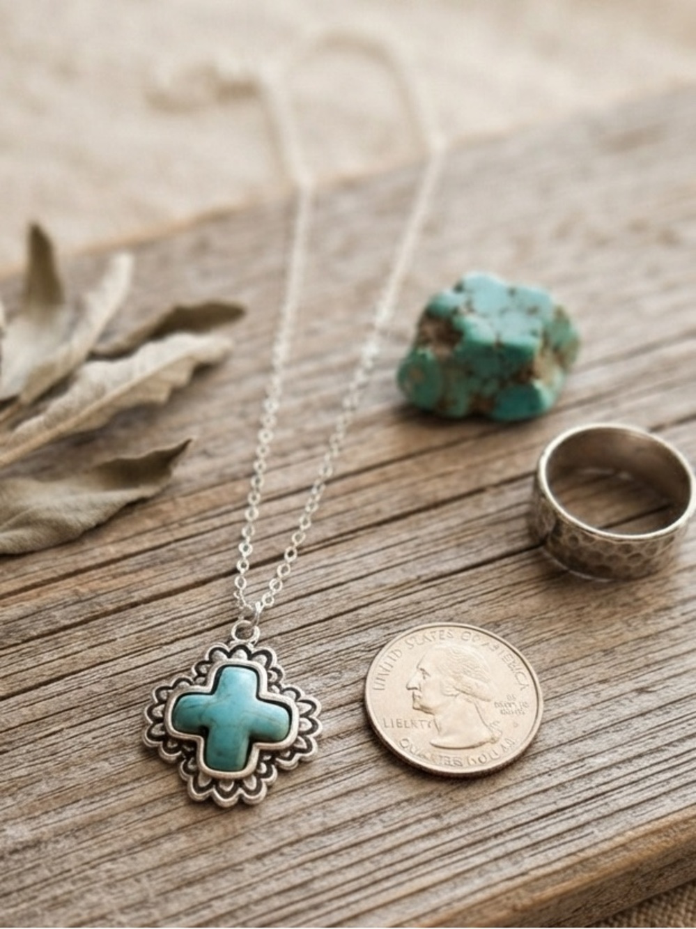 Rustic Southwestern Faux Turquoise Cross Necklace